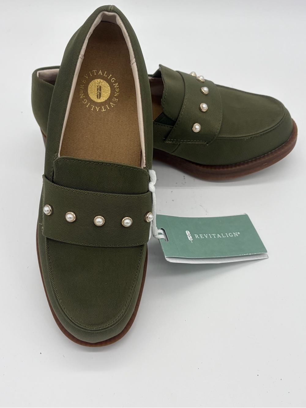 REVITALIGN Olive Green Men’s Slip-On Loafers with Pearl Studs